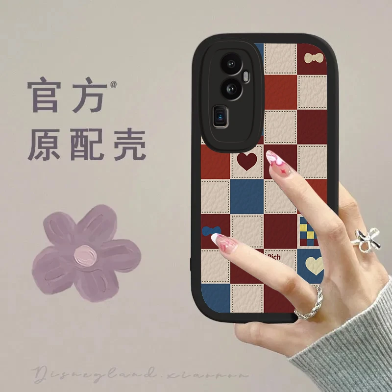 适用爱心格子【OPPOReno10Pro+】手机壳小羊皮女生唯美网红新防摔in