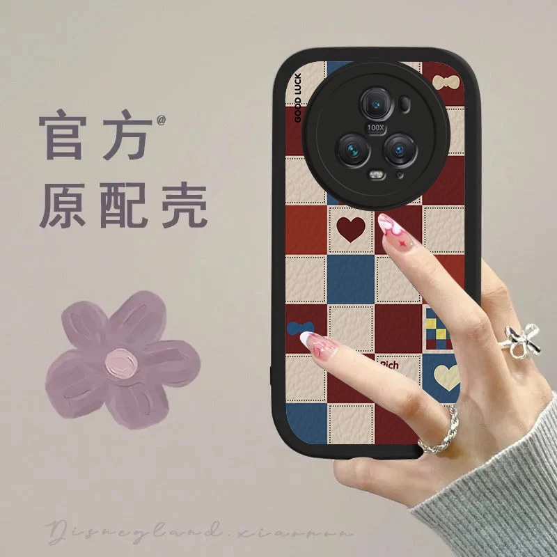 适用爱心格子【荣耀Magic5Pro】手机壳小羊皮女生唯美网红新款防摔i