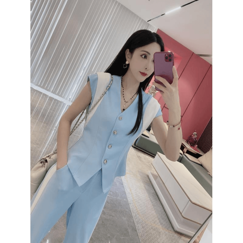 【小蛮腰】拼色小飞袖V领上衣+阔腿裤两件套6536