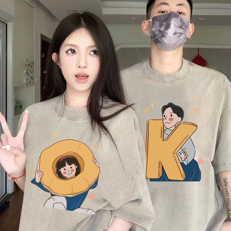 两件！OK男女美式情侣装 纯棉T圆领男女款情侣装夏天款一男一女T恤