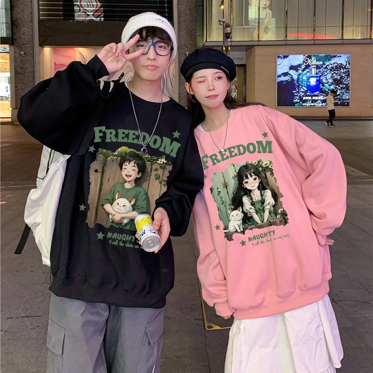 两件装  粉色系清新男女款情侣装圆领卫衣一男一女上衣秋季男女款