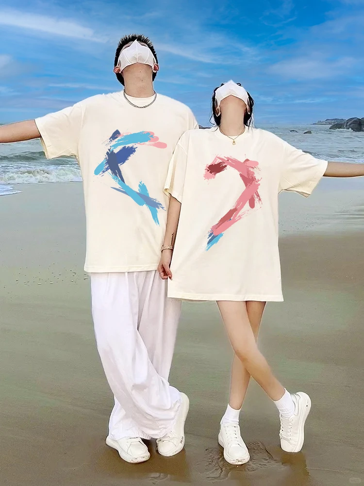 两件！爱心涂鸦情侣装纯棉 重磅T圆领男女款情侣装夏天款一男一女