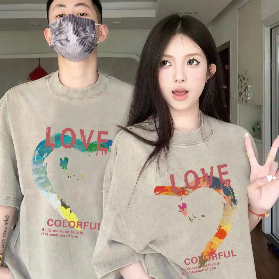 两件！彩绘爱心美式情侣装 纯棉T圆领男女款情侣装夏天款一男一女