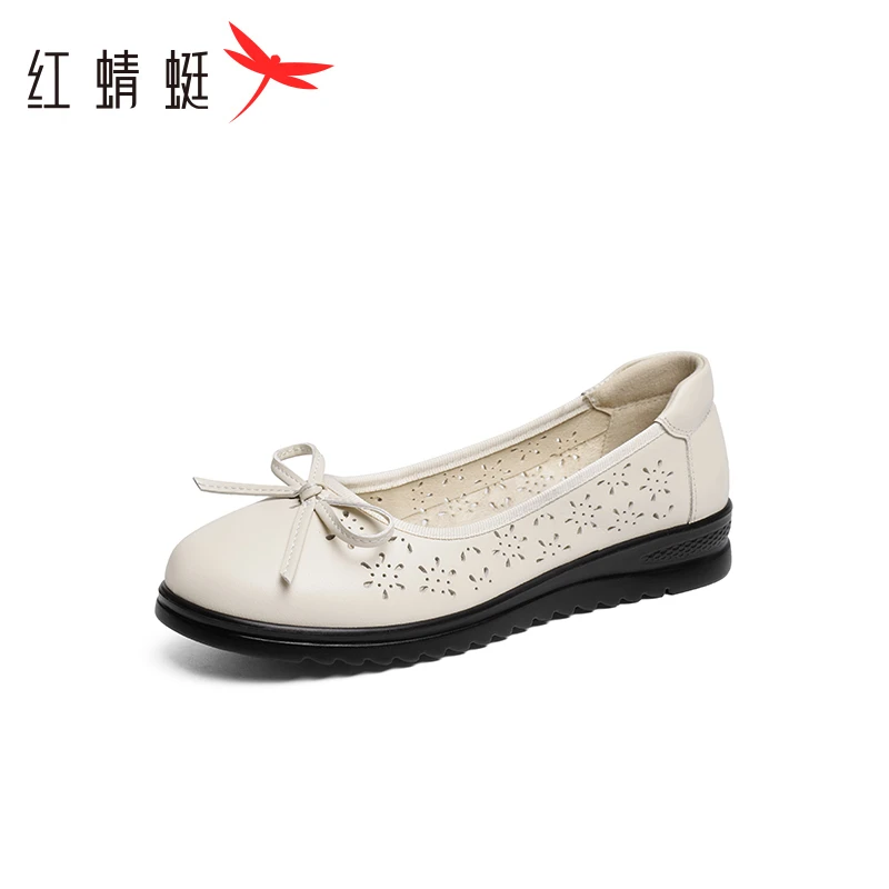 红蜻蜓妈妈鞋2024春季新款时尚蝴蝶结休闲镂空舒适软底通勤女单鞋
