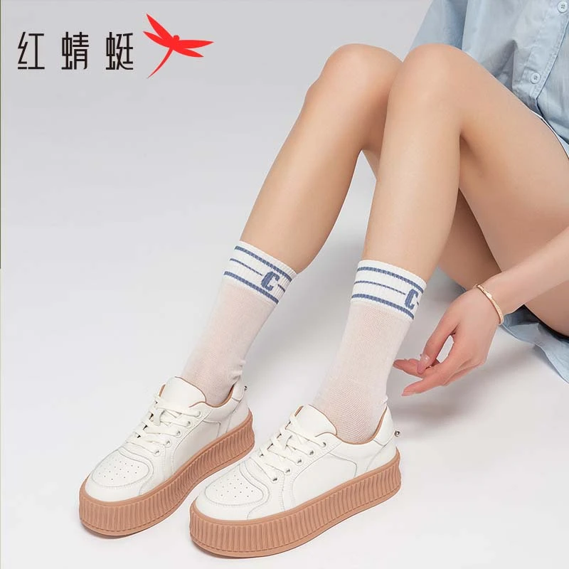 红蜻蜓饼干鞋厚底2023春秋时尚小白鞋低帮系带百搭板鞋学院风女鞋