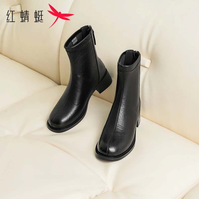 红蜻蜓弹力靴女靴子新款女鞋厚底粗跟短靴春秋气质单靴瘦瘦靴