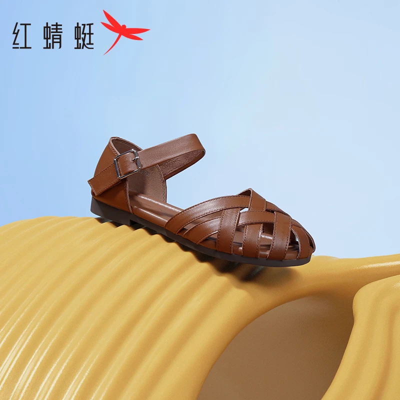 红蜻蜓包头罗马凉鞋女夏季新款平底鞋真皮镂空时尚编织女士鞋