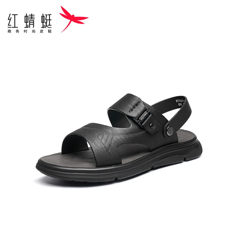 红蜻蜓新款沙滩凉鞋透气草鞋开车户外黑色男凉鞋轻便牛皮开车拖鞋