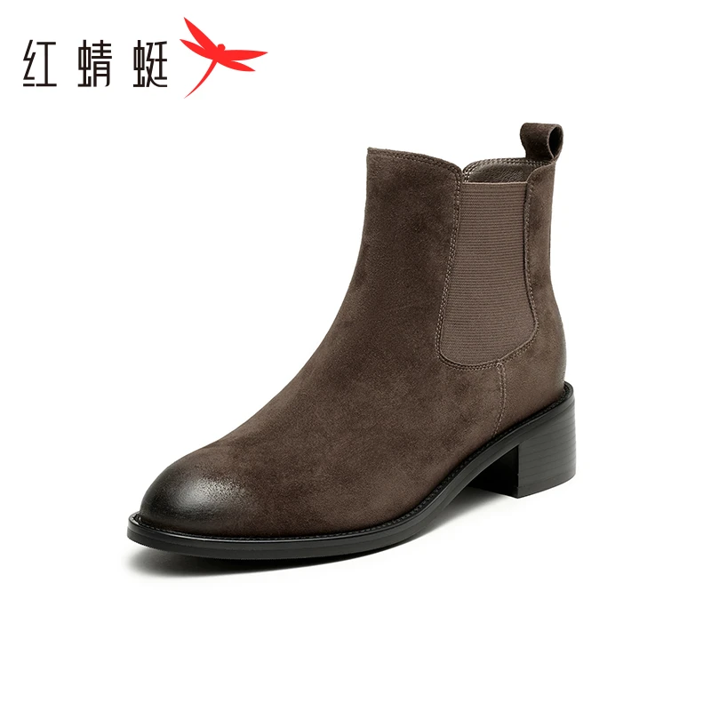 红蜻蜓切尔西靴冬女靴子一脚蹬粗跟烟筒单靴短筒瘦瘦靴
