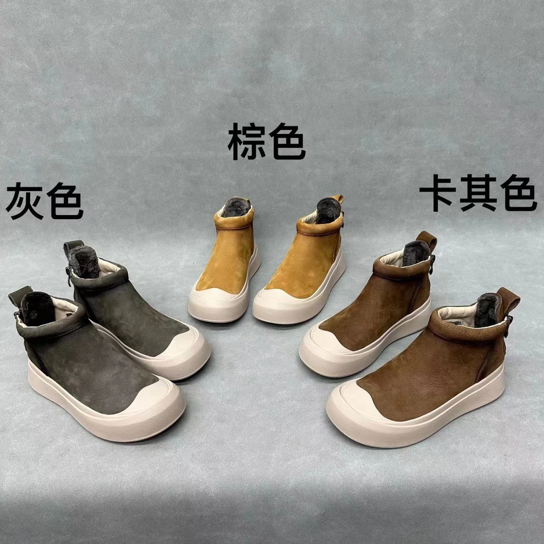 6702-1 手工复古头层牛皮高帮马丁靴女2023百搭软底丑萌休闲板鞋