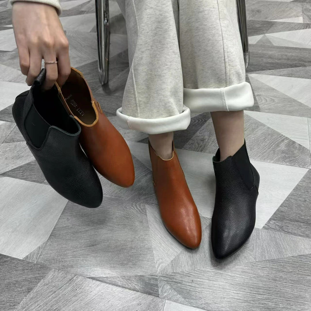 2050-2新款2024秋冬季真皮套筒女短靴牛皮复古百搭小皮靴