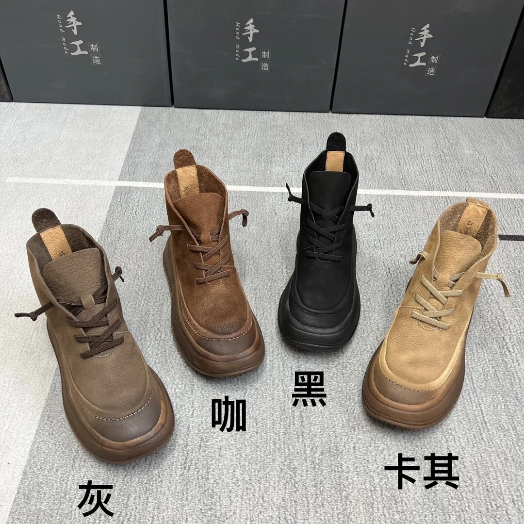 6899-1秋新款复古靴子厚底马丁靴圆头休闲鞋真皮松糕底短靴短筒靴
