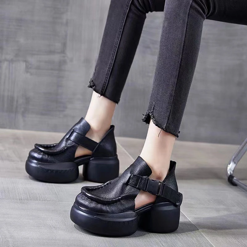 35999新款头层牛皮复古风女鞋休闲百搭厚底女鞋