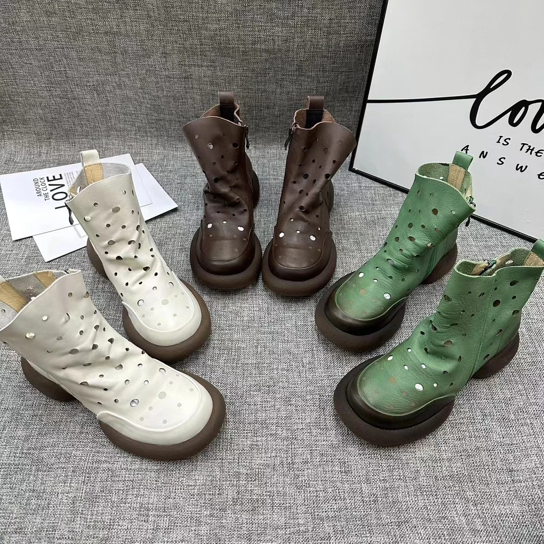 8212C33网靴镂空靴真皮新款平底马丁靴女洞洞靴透气凉鞋软底短靴