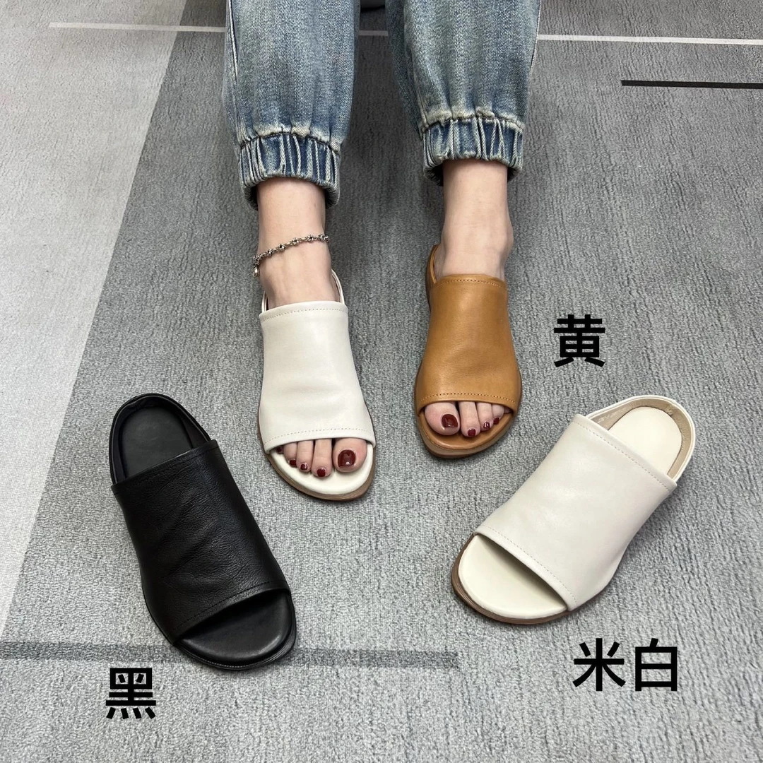 2292-6春夏季新品民族风真皮外穿女拖鞋复古手工露趾平底软底拖