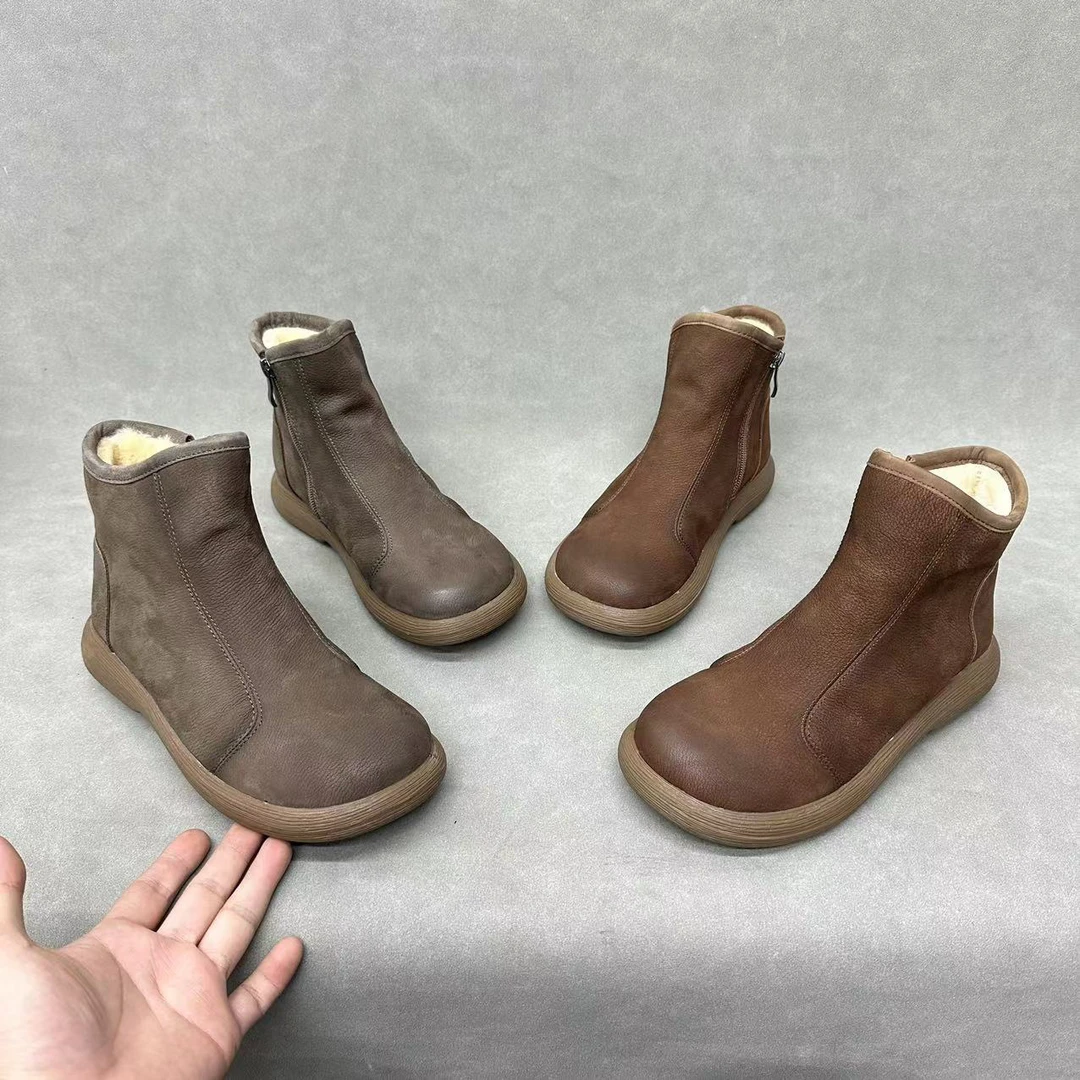 9089-5 牛皮冬季加绒女靴百搭复古平底软底鞋高帮手工真皮女鞋
