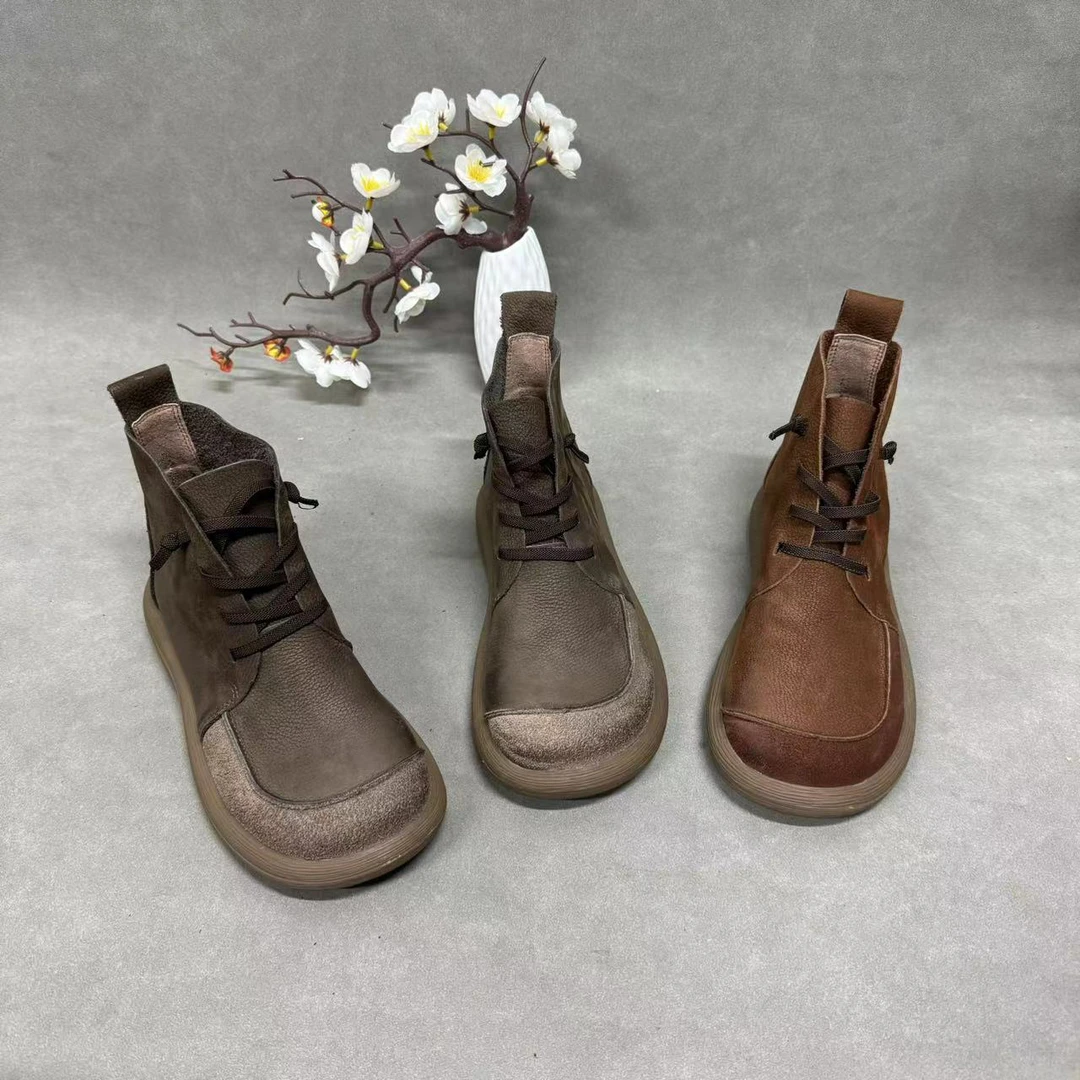 9787-2 真皮女平底2024秋季新款复古系带休闲鞋软皮软底短靴