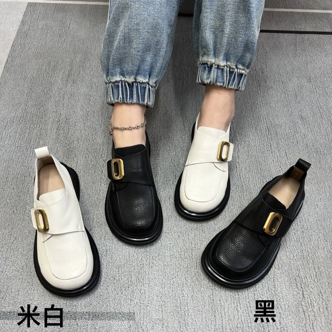 5811-15 英伦风小皮鞋女2024春季真皮白色乐福鞋一脚蹬厚底单鞋