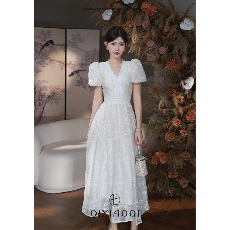 七小七Sicily【白月光】法式白色蕾丝显瘦连衣裙高级设计感收腰长裙