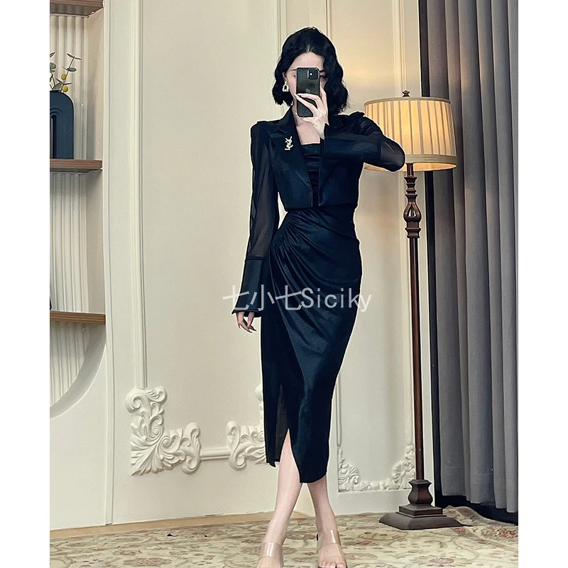 现货 七小七【罗马乔亚】黑色小香风吊带连衣裙女秋短款上衣两件套