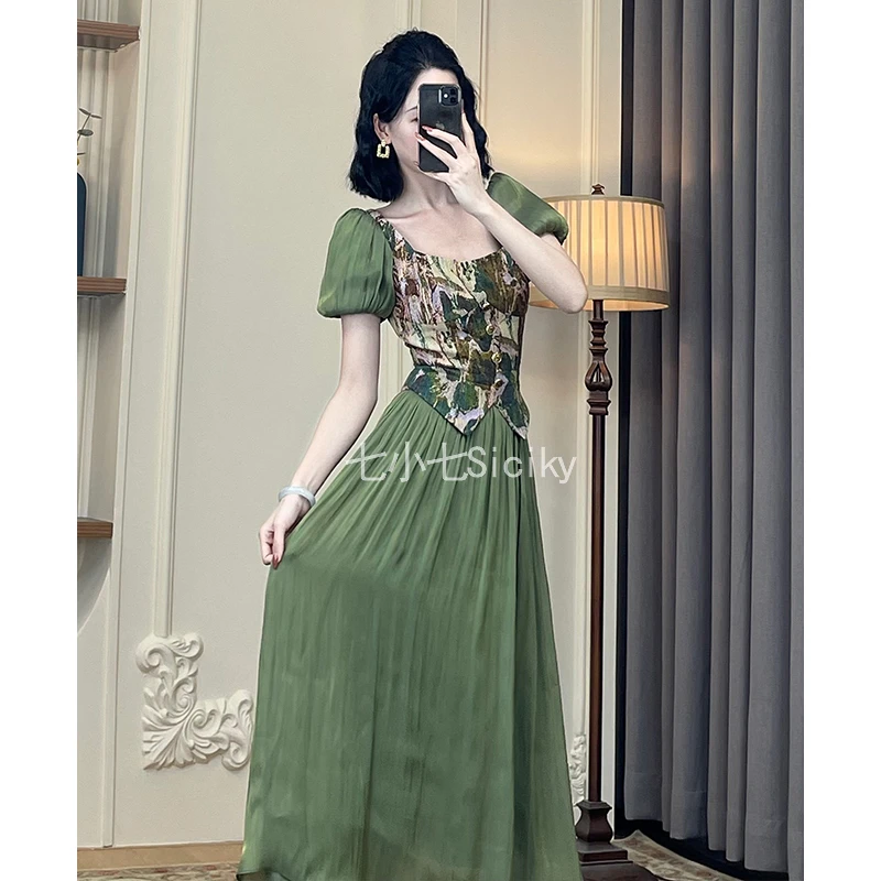 【现货】七小七【云窗绿影】法式高档假两件连衣裙女夏收腰显瘦碎花裙