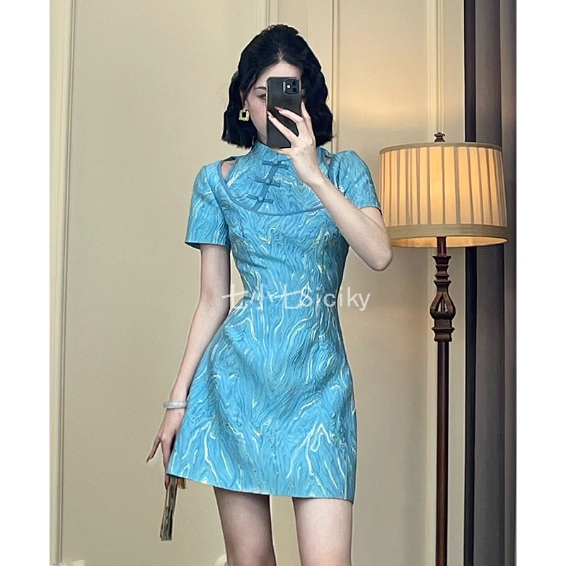 现货 七小七【冷冷山雪融】中国风连衣裙女高端显瘦气质短裙小个子