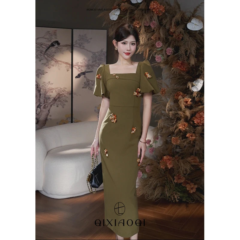 七小七Sicily【绿野仙踪 长款】法式绿色复古方领连衣裙女高级长裙