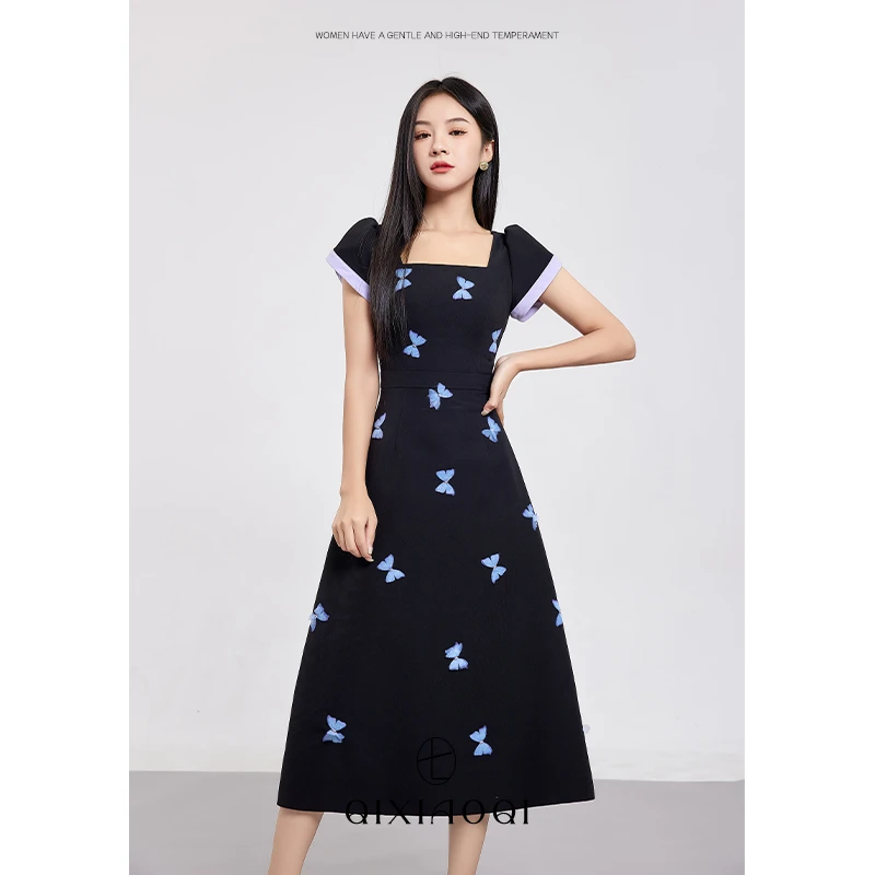 七小七Sicily【捕梦蝶影 长款】气质方领连衣裙夏季时尚显瘦a字裙