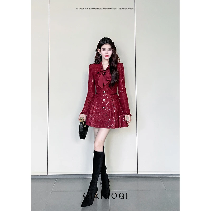 七小七Sicily【维也纳之夜】法式名媛风红色连衣裙女秋冬设计感裙子