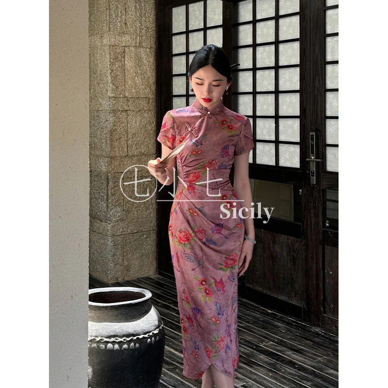 七小七Sicily【闻香识女人】新中式紫色连衣裙夏季开叉设计收腰长裙