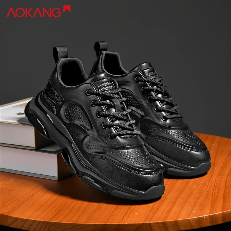 Aokang/奥康男鞋秋冬新款皮面运动鞋软底减震鞋子黑色男士休闲鞋