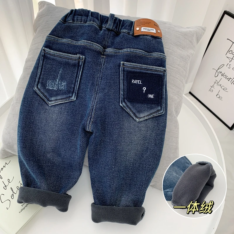 男童加绒裤子秋冬季一体绒牛仔裤儿童柔软弹力休闲裤小童帅气冬款