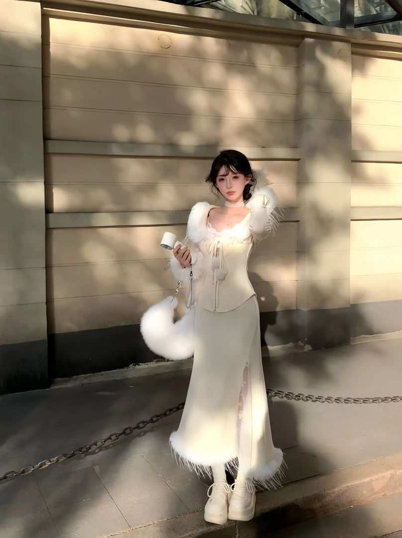 美神降临 秋冬显瘦修身温柔风毛毛拼接长袖上衣+半身裙两件套装女