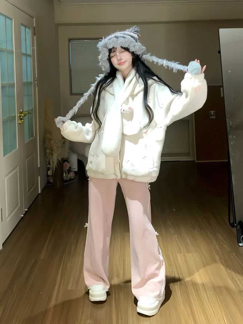 捕梦小熊 秋冬宽松显瘦加厚保暖羔羔毛连帽外套+休闲长裤两件套装