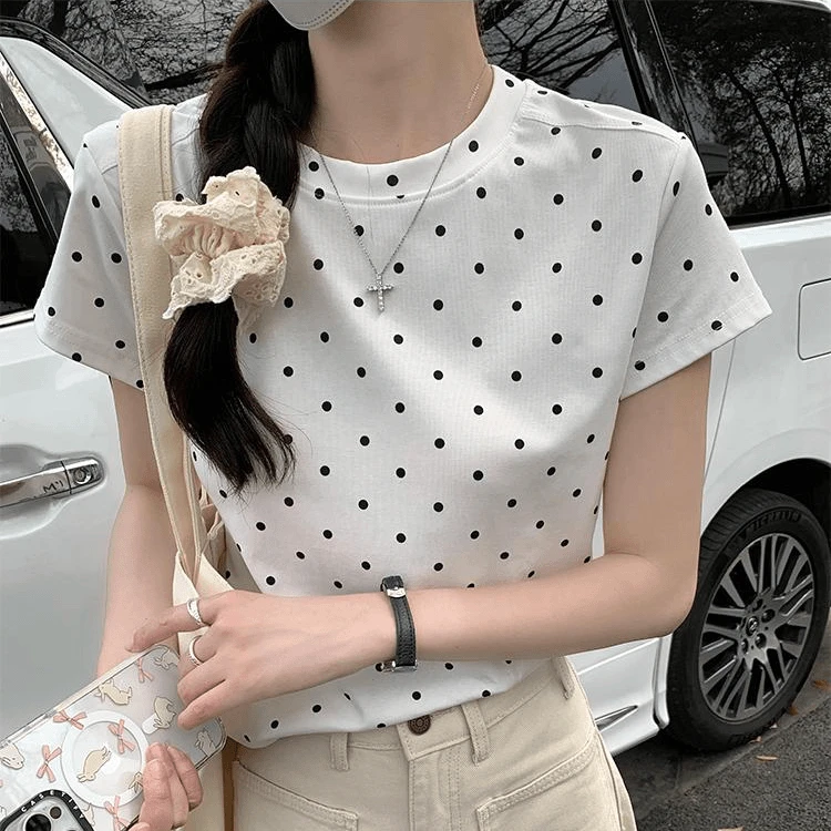 yankejia/妍可佳正肩短袖t恤女夏季爆款波点圆领显瘦设计感上衣服