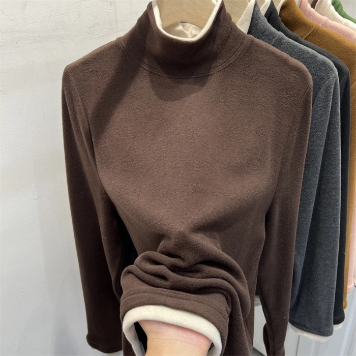 撞色假两件双面磨毛德绒长袖T恤女2025秋冬女士加大打底上衣