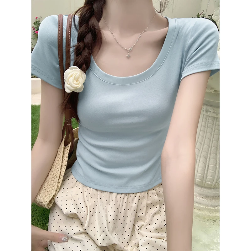 纯色简约白色T恤女2026夏季修身百搭小个子短款蓝色修身显瘦上衣