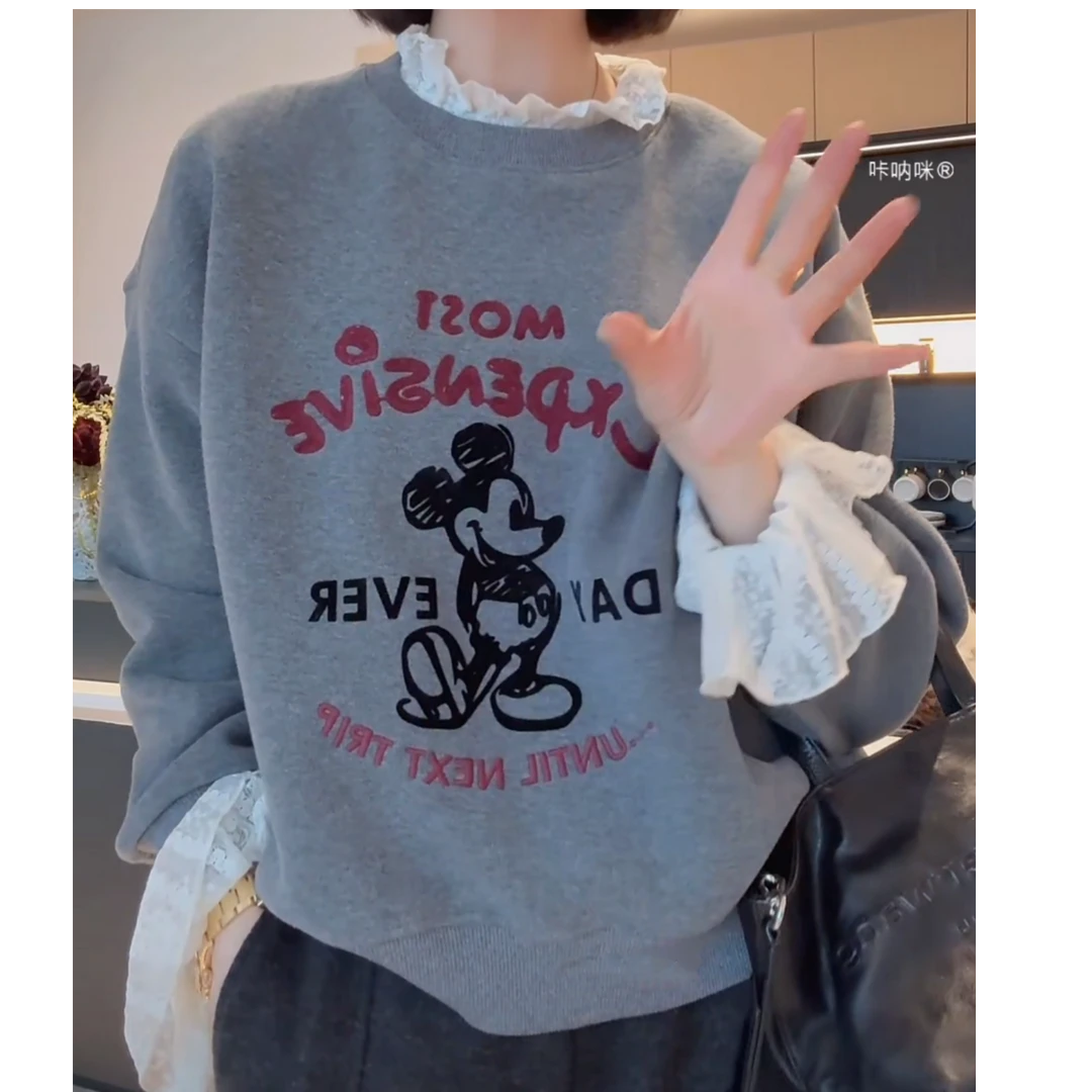 设计感卡通米老鼠拼接蕾丝加绒卫衣女冬休闲套头韩版宽松长袖上衣