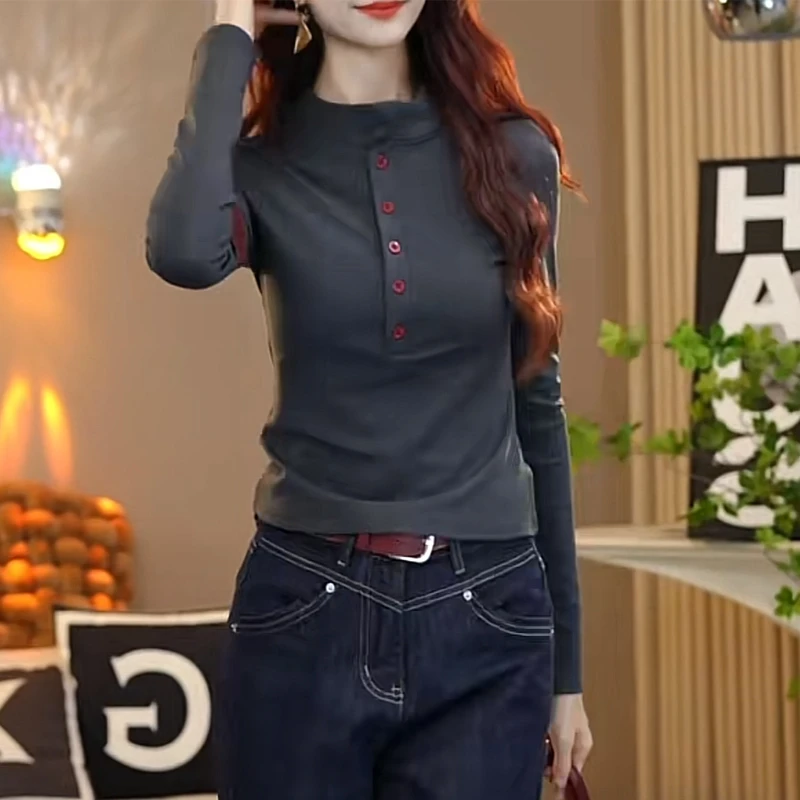 设计感加绒撞色打底衫上衣女秋冬季内搭洋气纽扣气质修身长11771