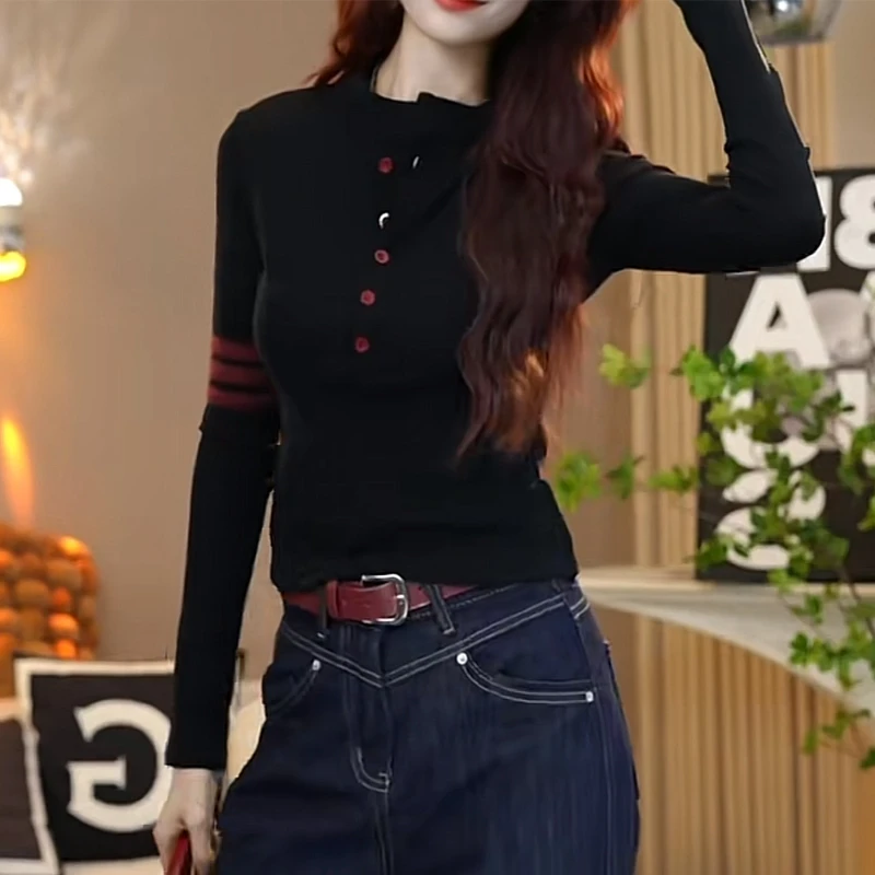 设计感半高领加绒撞色打底上衣女秋冬季内搭洋气纽扣气质长11771