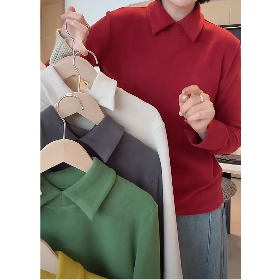 设计感纯色双面德绒POLO领长袖T恤女秋冬保暖百搭加厚内搭打底衫