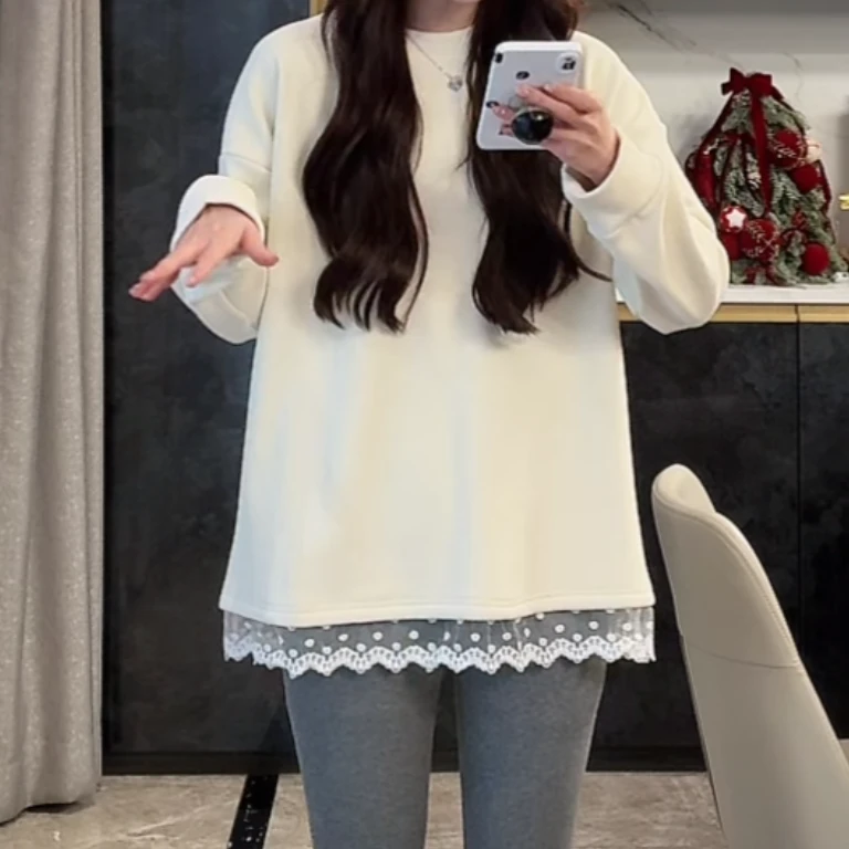设计感加绒蕾丝边圆领卫衣女冬季2024新款白色时尚宽松打底衫T恤