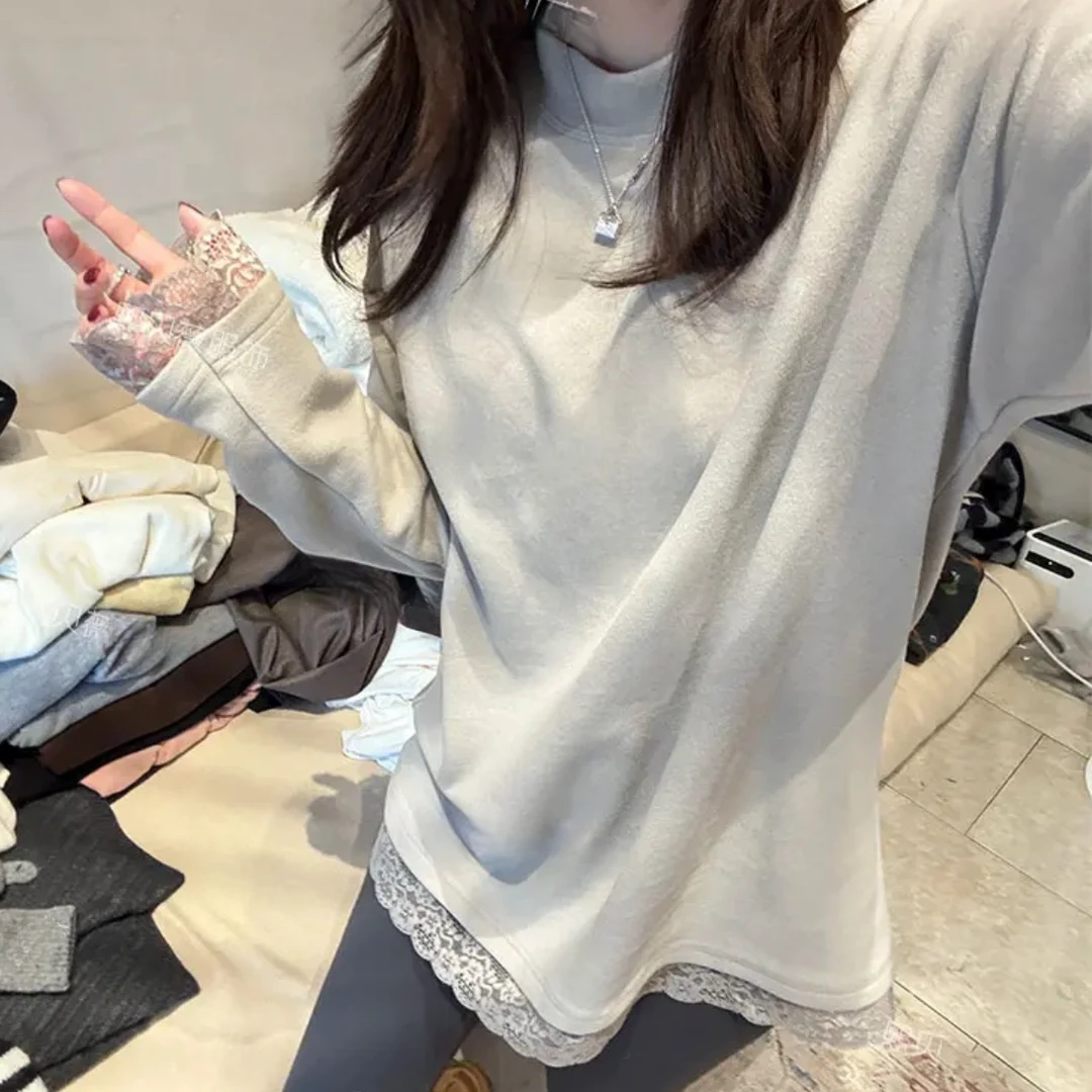 设计感宽松慵懒蕾丝边半高领长袖T恤女冬季百搭宽松内搭打底上衣