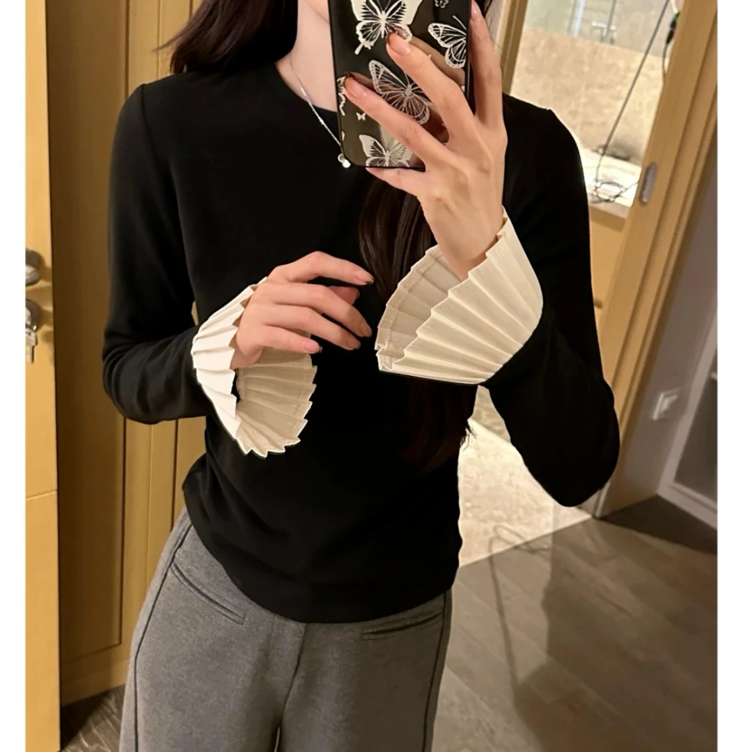 冬季加绒设计感上衣2024新款拼接显瘦内搭外穿百搭圆领t恤打11871