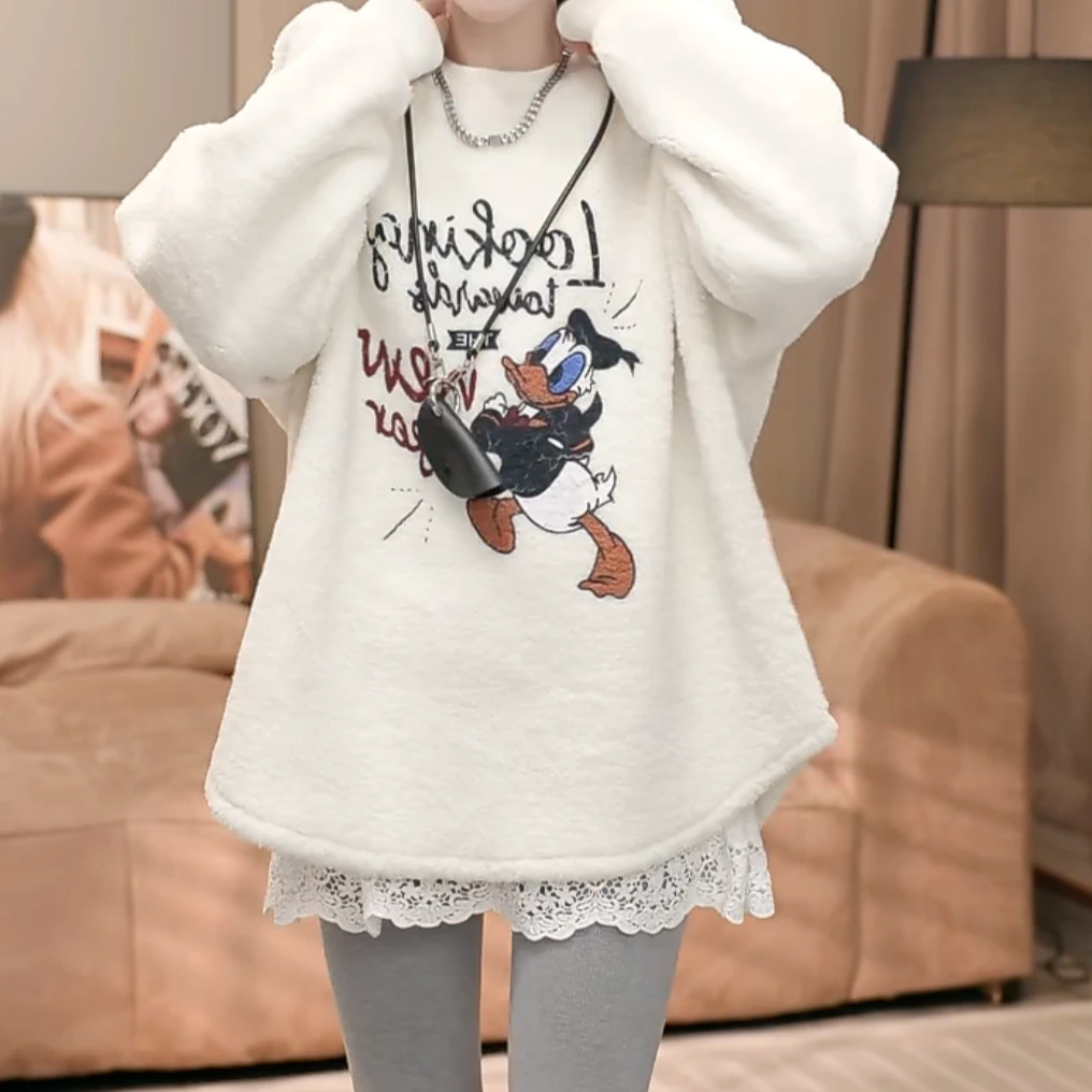 设计感唐老鸭加绒卫衣女秋冬新款高级百搭宽松休闲圆领长袖上衣