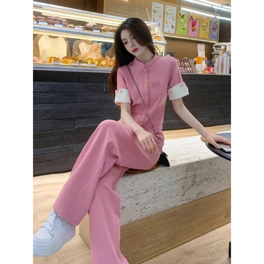 粉色高级感时尚休闲套装女夏季显瘦炸街减龄洋气运动阔腿裤两件套