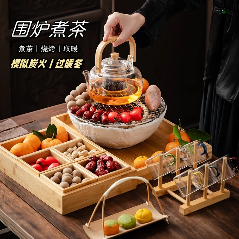 小嶝岛网红围炉煮茶壶全套家用室内电陶炉取暖炉玻璃煮茶器罐罐茶