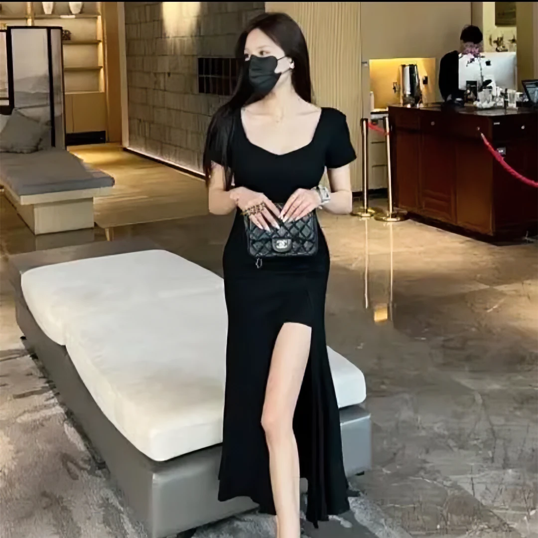 气质开叉修身显瘦鱼尾裙长款夏季连衣裙包臀轻奢不规则设计款黑色