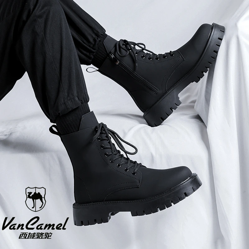 西域骆驼马丁靴男秋季英伦风百搭厚底加绒潮流高帮靴炭黑面中帮靴