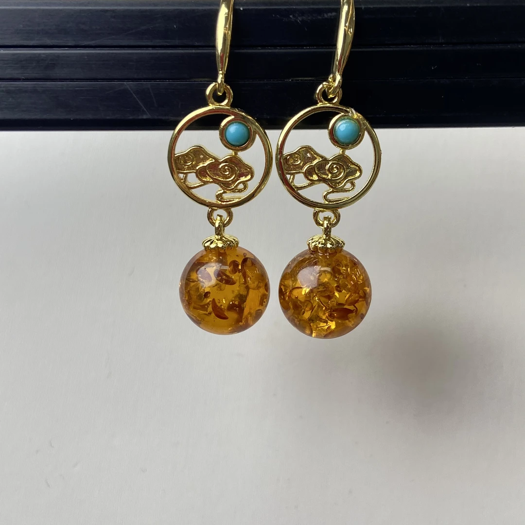 经典国风天然花珀耳钩938